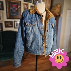 Vintage Y2K Hurley Sherpa Lined Denim Jacket Cropped Trucker Fleece Womens